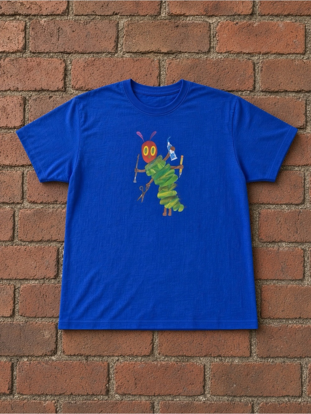 Gildan Blue Short Sleeve Tee with Colorful Cartoon Caterpillar
